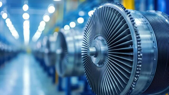 Implement mechatronics in wind tunnel testing equipment for aerodynamic research, Close-up of a turbine engine in a modern manufacturing facility