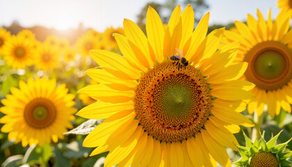Obraz premium Bee interacting with blooming sunflower in sunny field, nature's harmony