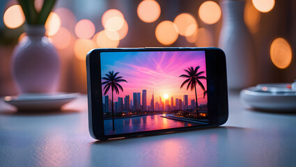 a smartphone displaying a beautiful city sunset.