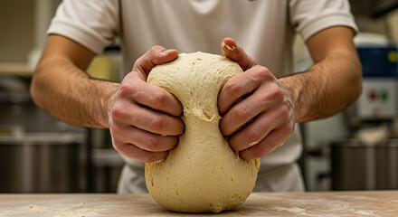 Close-up of male baker’s hands kneading dough on floured surface, traditional bread making process in rustic kitchen, artisan bakery concept
