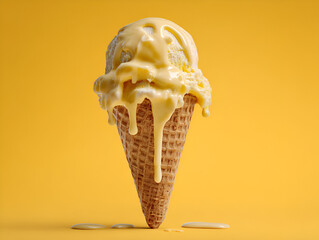 Melting Ice Cream Cone with Yellow Drizzle on Bright Background