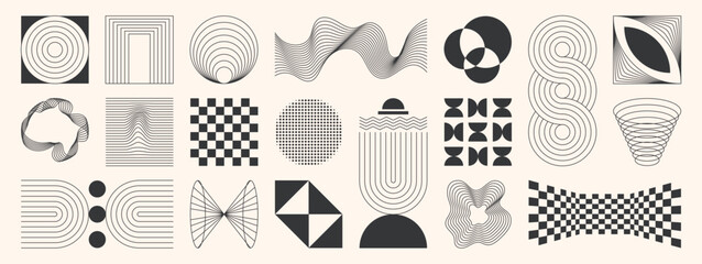 Obraz na płótnie Canvas Abstract minimal element mid century vector set. Aesthetic contemporary stripe line art, geometric shape in monochrome. Art form design for wall art, decoration, wallpaper.