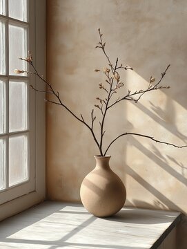 Fototapeta A beige clay vase with blooming branches sits on a windowsill. Soft sunlight streams through the window, casting gentle shadows on the textured wall. Ideal for home decor or minimalist design projects