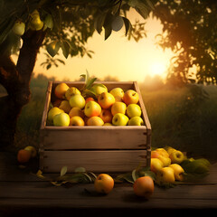 Yellow apples harvested in a wooden box in apple orchard with sunset. Natural organic fruit abundance. Agriculture, healthy and natural food concept.