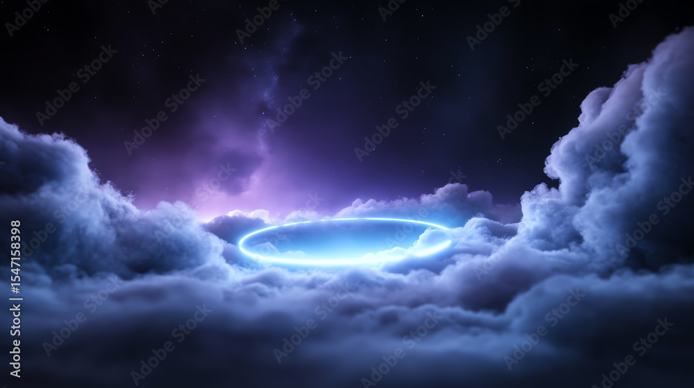 Poster A captivating image of a glowing portal emerging from dark clouds, blending mystery and science in a celestial atmosphere.