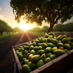 Cargo truck carrying avocado fruit in a field. Concept of agriculture, food production, transportation, cargo and shipping.