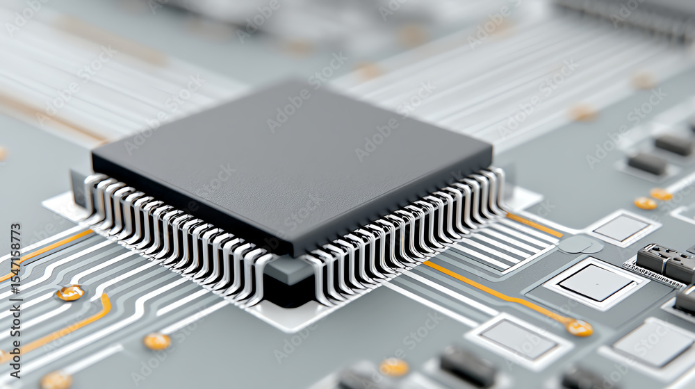 Poster A close-up of a microchip on a circuit board, showcasing the intricate details of technology and electronics.