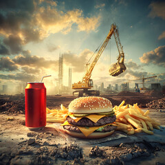 A burger, fries, and soda can sit on a construction site with excavators and cranes in the background. Dramatic sky and golden sunlight enhance the surreal fusion of fast food and industry.