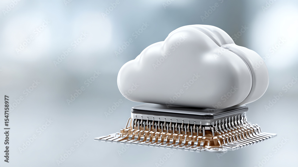Poster a cloud symbol atop a microchip, representing digital innovation and cloud computing technology in a