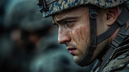 Obraz premium A soldier receiving an award, but tears in his eyes remembering fallen friends 