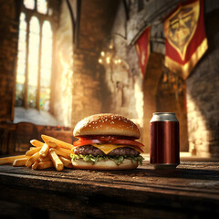 Juicy hamburger, crispy fries, and soda can placed close to the camera on an ancient table inside a medieval castle, contrasting modern fast food with historic grandeur in a unique concept.