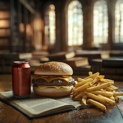 Juicy hamburger, crispy fries, and soda can placed close to the camera on a wooden table, surrounded by books and papers inside a vast library archive, blending fast food with scholarly elegance.