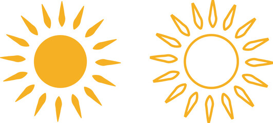 Sun icon set, sunshine and solar glow sunrise or sunset. Decorative circle full and half sun and sunlight. Hot solar energy for tan. Vector sun light sign collection isolated on transparent background