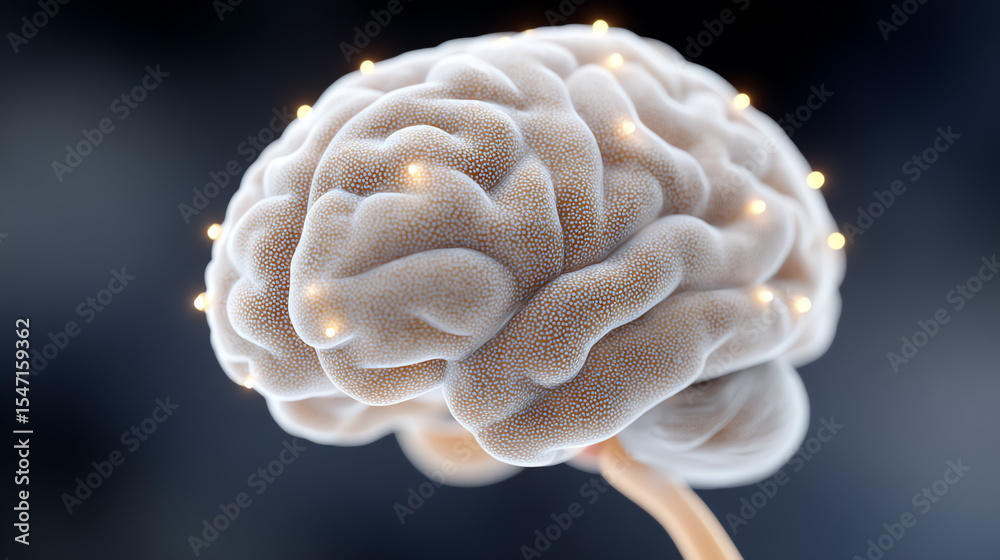 Poster A detailed rendering of a human brain with glowing neural connections, representing intelligence and neurological studies.