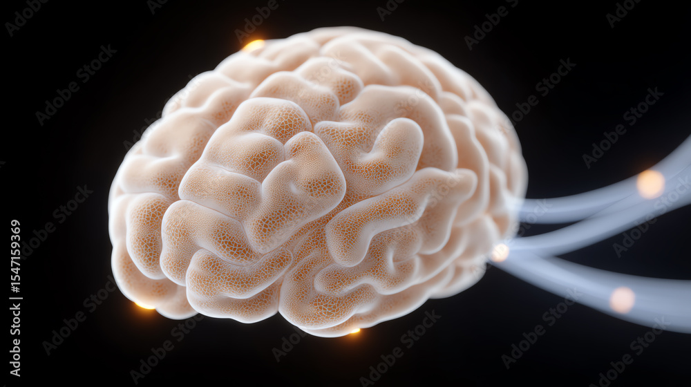 Poster a detailed representation of a human brain illuminated, symbolizing thoughts, creativity, and cognit