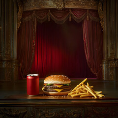 Hamburger, fries, and soda can take center stage under theatrical lighting on an opera stage, blending drama and indulgence in a unique stock photo concept.