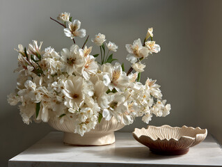 Elegant Floral Arrangement of White Flowers in Ceramic Vase on Marble Surface