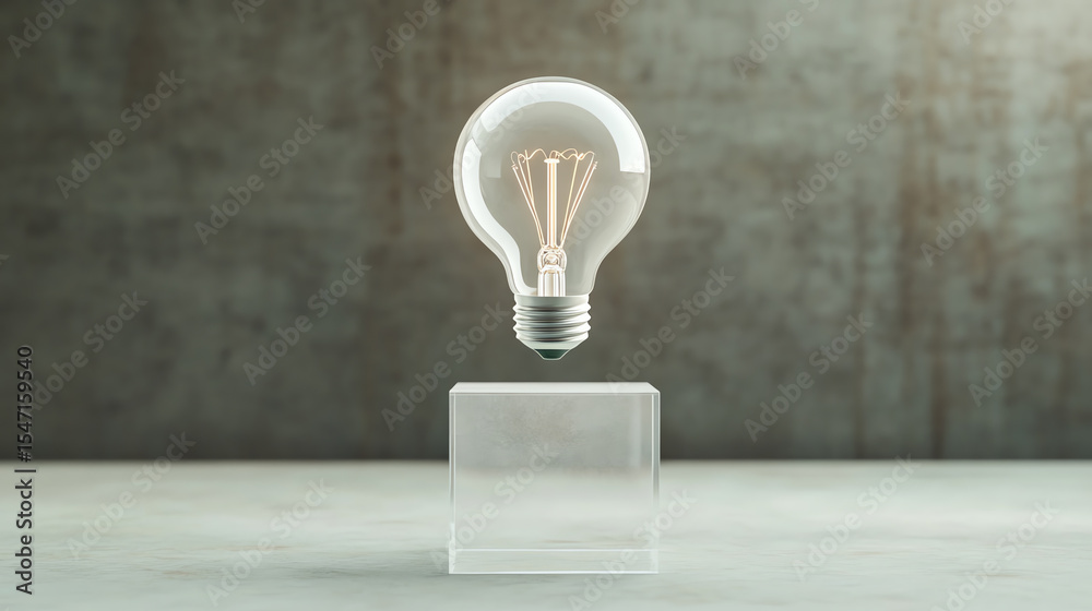 Poster A floating light bulb illuminated against a rustic background, symbolizing innovation and creativity in a modern setting.