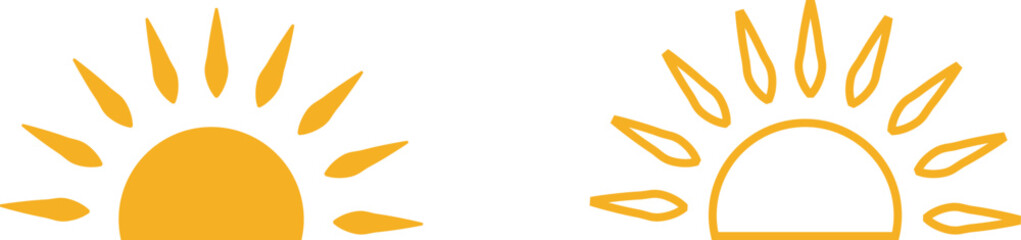 Sun icon set, sunshine and solar glow sunrise or sunset. Decorative circle full and half sun and sunlight. Hot solar energy for tan. Vector sun light sign collection isolated on transparent background