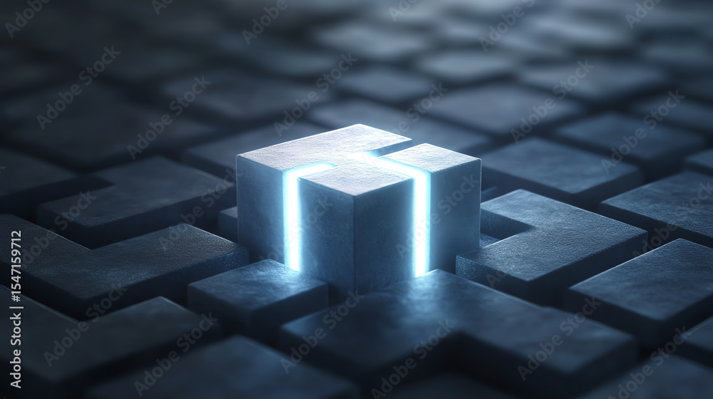 Poster A futuristic 3D rendering of a glowing cube on a textured surface, symbolizing innovation and connectivity in technology.