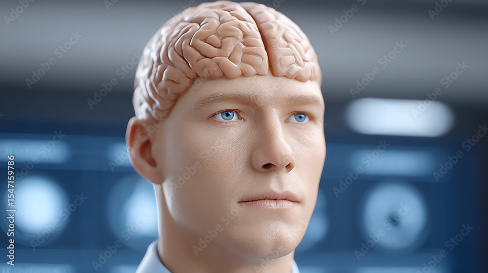 Aufkleber A futuristic concept of artificial intelligence featuring a humanoid figure with a brain, symbolizing advanced technology and innovation.