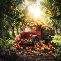 Vintage truck carrying various types of fruits in an orchard with sunset. Concept of food transportation, logistics and cargo.