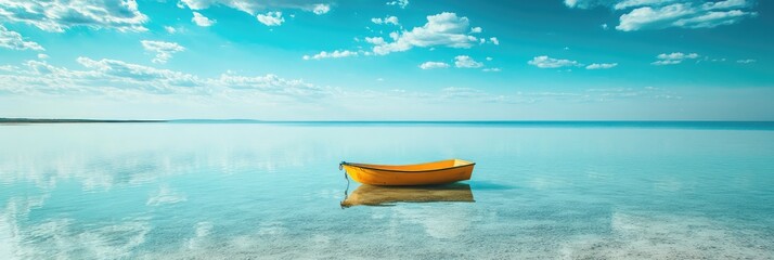 A yellow boat is floating in the ocean