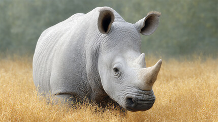 Fototapeta premium A majestic white rhinoceros stands gracefully in golden grass, showcasing its powerful build in a serene natural habitat.