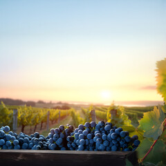 Blue vine grapes harvested in a wooden box with vineyard and sunshine in the background. Natural organic fruit abundance. Agriculture, healthy and natural food concept. Square composition.