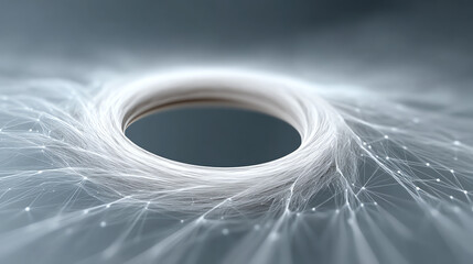 A mesmerizing abstract representation of digital connections, showcasing a dynamic flow of light and patterns around a central void.