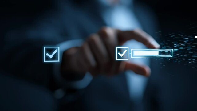 A hand interacts with virtual checkboxes and a progress bar, symbolizing digital completion and interactive technology in a futuristic, high-tech environment.