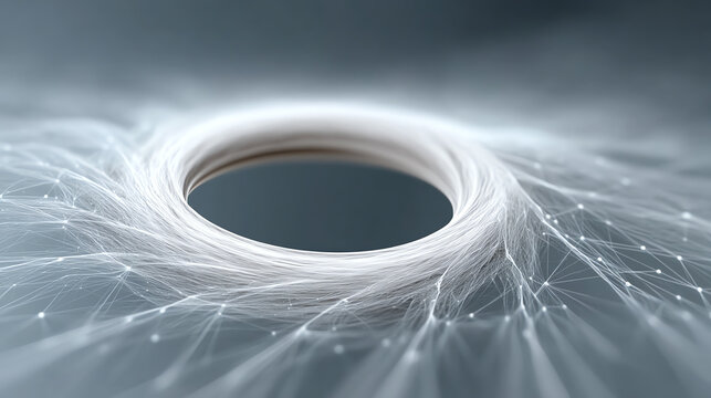 A mesmerizing abstract representation of digital connections, showcasing a dynamic flow of light and patterns around a central void.