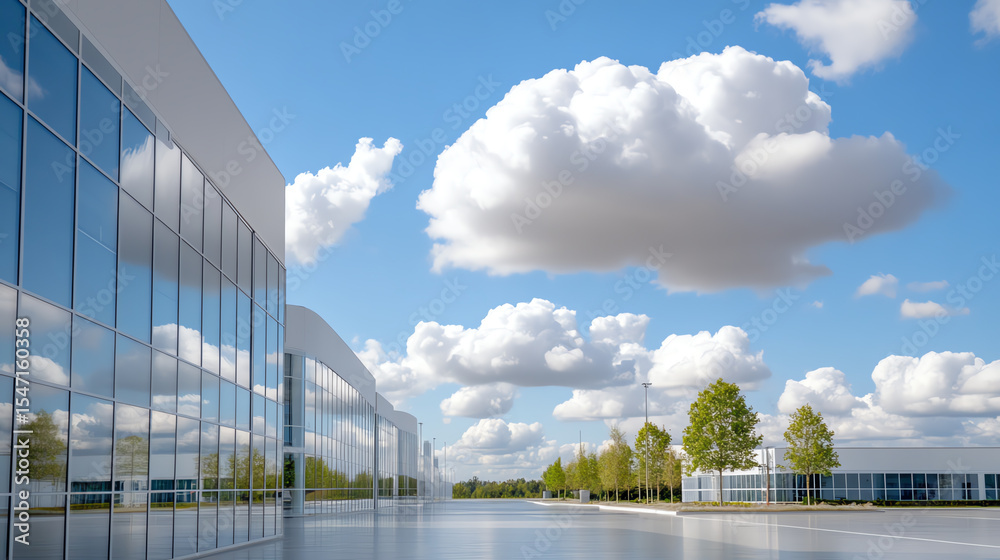 Poster A modern architectural building reflecting clouds and trees under a bright blue sky, creating a tranquil and inspiring environment.