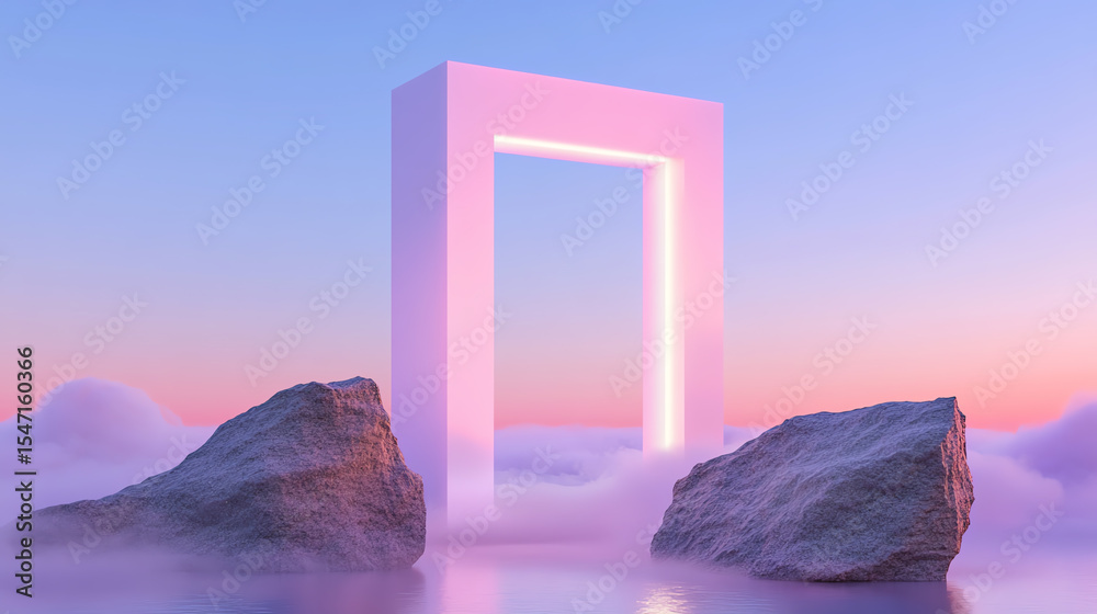 Poster a mystical portal stands amidst ethereal clouds, emitting soft pink light during twilight, inviting 