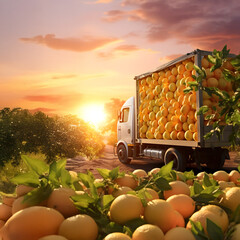 Cargo truck carrying lemon fruit in an orchard with sunset. Concept of food production, transportation, cargo and shipping.