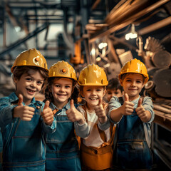Group of children doing their dream job as Mechanical Engineers in the workshop. Concept of Creativity, Happiness, Dream come true and Teamwork.