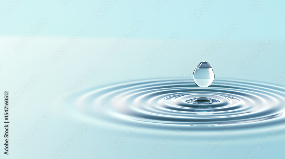 Poster a serene close-up of a water droplet creating ripples on a calm surface, symbolizing tranquility and