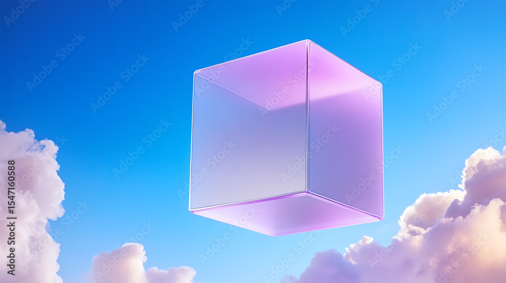 Poster A serene floating cube in a vibrant sky surrounded by soft clouds, symbolizing creativity and innovation in a digital space.