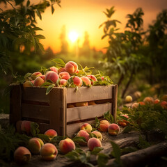 Peaches harvested in a wooden box with orchard and sunset in the background. Natural organic fruit abundance. Agriculture, healthy and natural food concept. Square composition.