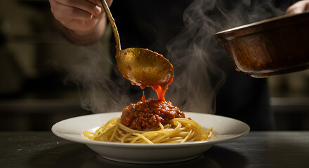 Chef's hands adding secret sauce to Italian pasta bolognese – gourmet cooking in kitchen, authentic recipe preparation