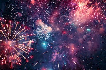 Vibrant and colorful fireworks display exploding across a dark night sky background