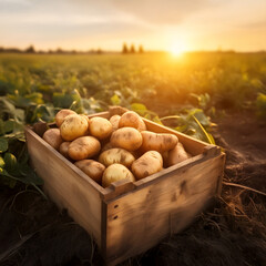 Potatoes harvested in a wooden box with field and sunset in the background. Natural organic fruit abundance. Agriculture, healthy and natural food concept. Square composition.
