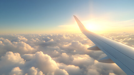 A serene view of an airplane wing above fluffy clouds, illuminated by a beautiful sunrise, symbolizing travel and adventure.