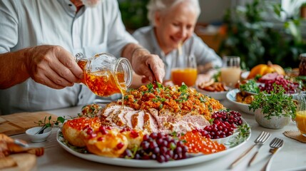 Naklejka premium A joyful family breaks the Yom Kippur fast with bagels, lox, and honey cake