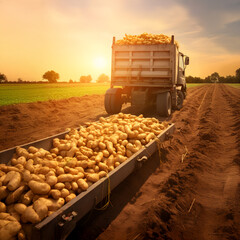 Cargo truck carrying lemon fruit in an orchard with sunset. Concept of food production, transportation, cargo and shipping.