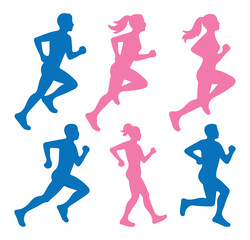 Runner silhouettes collections. Silhouette of man woman athletes running in motion, dynamic jogging sequence, fitness concept, human movement, marathon training symbol set in blue and pink color. 