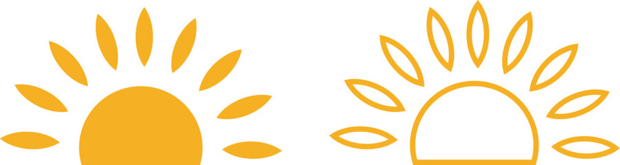 Sun icon set, sunshine and solar glow sunrise or sunset. Decorative circle full and half sun and sunlight. Hot solar energy for tan. Vector sun light sign collection isolated on transparent background