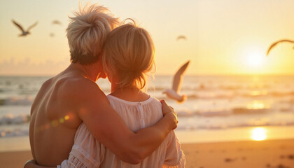 Two friends embracing at the beach during sunset, celebrating friendship