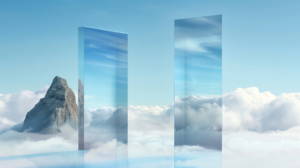 A stunning landscape featuring surreal glass structures towering above clouds next to a majestic mountain peak under a clear sky.