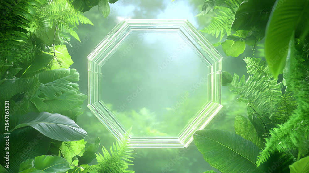 Poster a stunning view through lush green foliage, featuring a glowing octagonal frame in a vibrant forest 